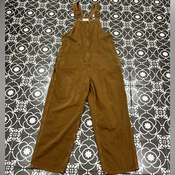 FREE PEOPLE Hunter Denim Slouchy Overalls In Khaki Over-Dye